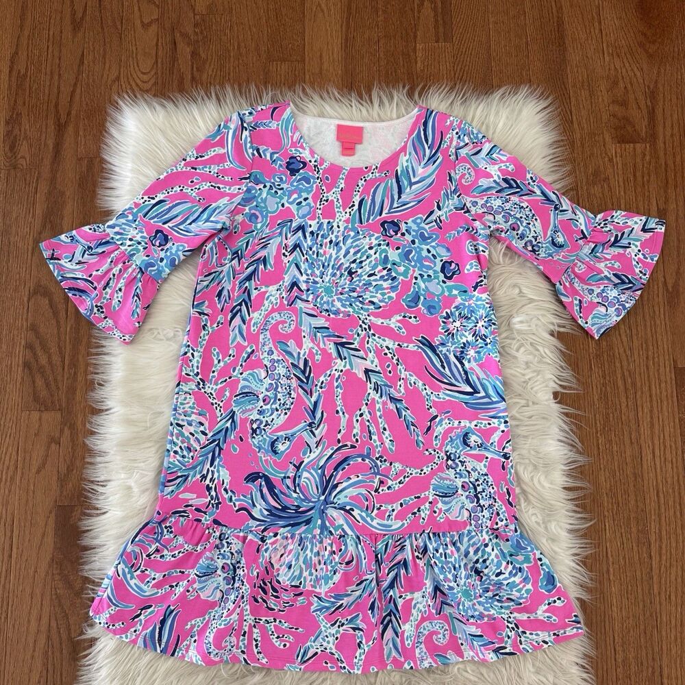 Lilly Pulitzer Dress Girl’s XL Sorrento Tiered Mini Dress Pink Blue Tropical